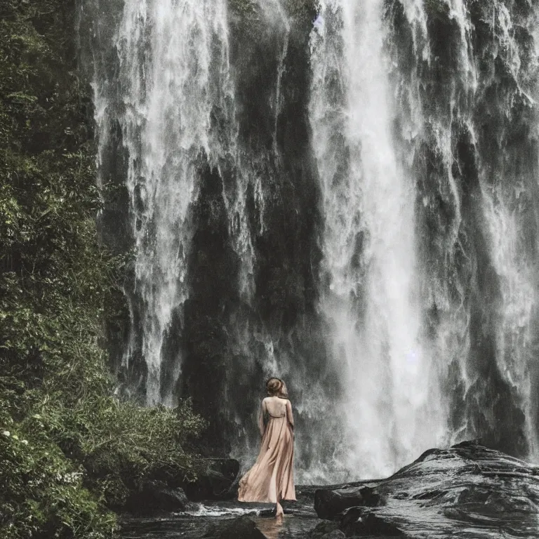 Image similar to intimate photo of emma watson walking through a waterfall, portrait in the style of petter hegre, sharp details, beautiful face, pale skin, rule of thirds, cinematic lighting, rainy weather, melancholy atmosphere, sharp focus, backlit, stunning, smooth, hard focus, full body shot, instagram photo, shot on iphone 1 3 pro max, hyper realistic
