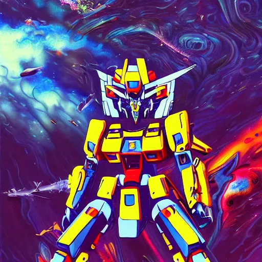 Prompt: An extremely Gundam psychedelic experience, colorful, surreal, mecha, robot, LSD, face, jet turbine, tarot, detailed, intricate, elegant, highly detailed, super detailed, insane detailed, digital painting, concept art, smooth, sharp focus, illustration, art by Krenz Cushar, Marco Plouffe, dan mumford, Artem Demura and alphonse mucha