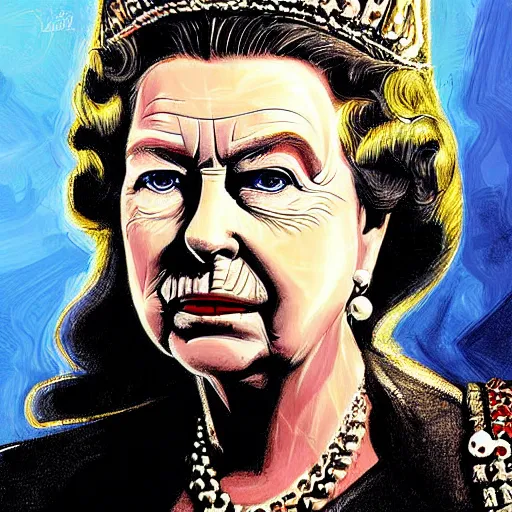 Prompt: queen elizabeth the second in the image of the terminator, she has the right half of the terminator face and the left half of the face is her own art illustration painting high resolution high quality fantasy art