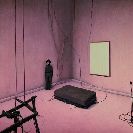 Image similar to hyperrealistic liminal spaces, David Friedrich, award winning masterpiece with incredible details, Zhang Kechun, a surreal vaporwave vaporwave vaporwave vaporwave vaporwave painting by Thomas Cole of an old pink mannequin head wearing VR goggles with cables and wires coming out of it's neck, highly detailed