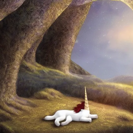 Image similar to dream : a fabulous landscape, a magical unicorn. a boy is sitting astride him. a cat is lying