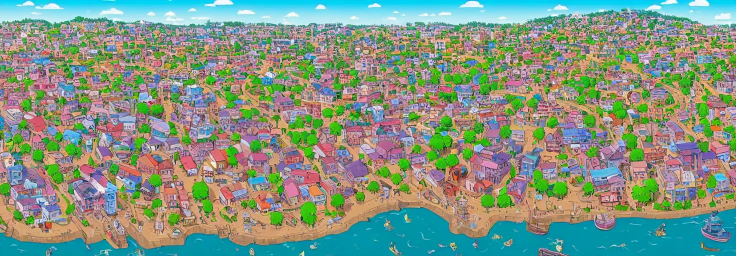 Prompt: a beautiful port town as seen from above in the style of animal crossing new horizons and kiki's delivery service by geof darrow and jean giraud h 6 4 0