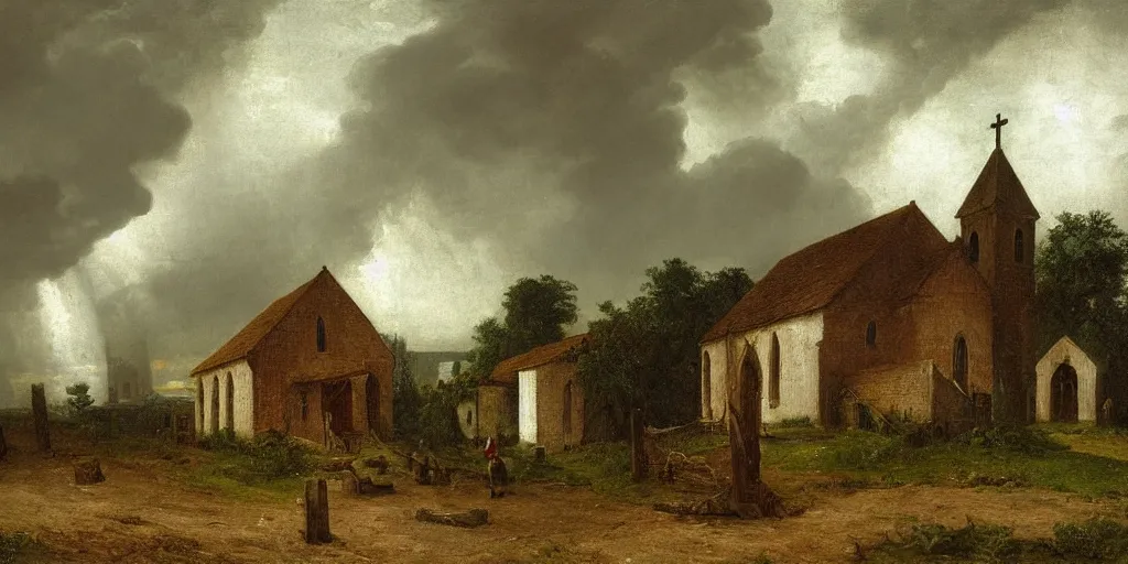 Image similar to a church in a village during a thunderstorm, cozy, by george henry durrie