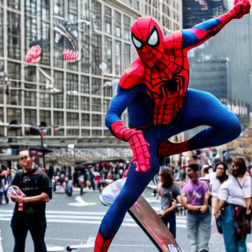 Image similar to spider - man performs a perfect kick flip on his skateboard in new york city whilst a crowd watches, beautiful photograph