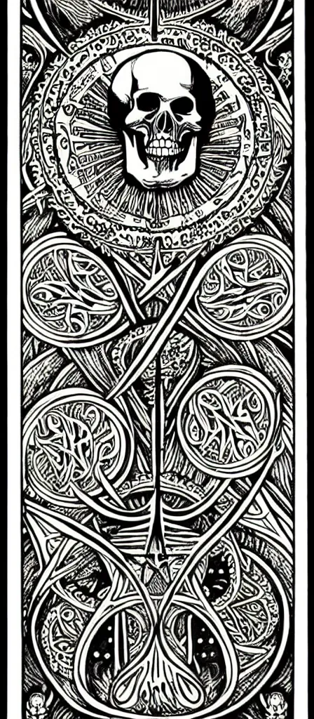 Image similar to a beautiful fractal tarot card featuring bold occult imagery with clean lines. skulls. punk. dimension. haeckel. fish and sea creatures. detailed adult coloring book