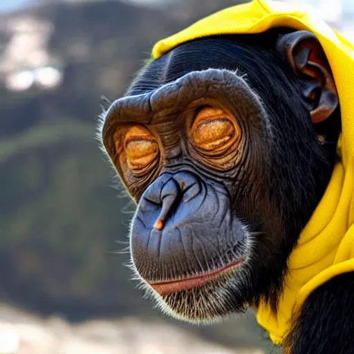 Prompt: a chimp wearing a yellow hoodie is skydiving