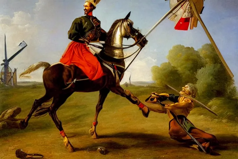 Prompt: A beautiful oil painting of Don Quixote on horse fighting a windmill by Jacques-Louis David.