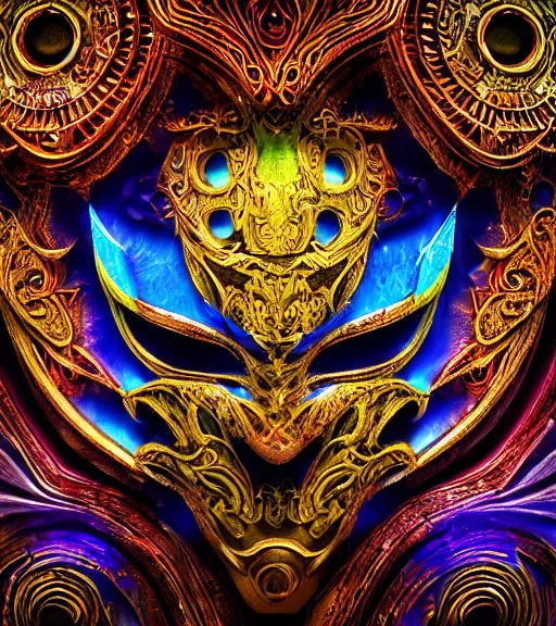 Prompt: pyrography of a fantasycore glitchcore luchador mask. intricate abstract. intricate artwork. celestial. prismatic, by Josephine Wall, disney, pixar. octane render, CGSociety very coherent symmetrical artwork. cinematic, hyper realism, high detail, octane render, 8k, holographic accents