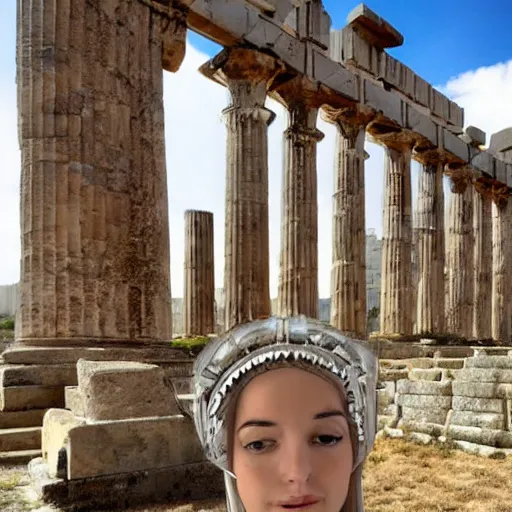 Image similar to young ancient greek godess in helmet, giant gray-haired bearded male head in background, ancient greek temple in background, by David Ligare, wide angle landscape, award winning masterpiece with incredible details, epic stunning, infinity pool, highly detailed, trending on ArtStation, artgerm and greg rutkowski and alphonse mucha, IAMAG, broken giant marble head statue ruins, golden hour