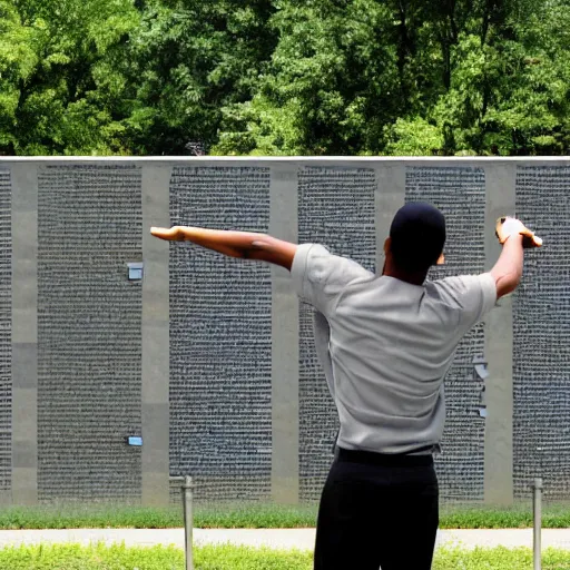 Image similar to mario dabbing, vietnam memorial background