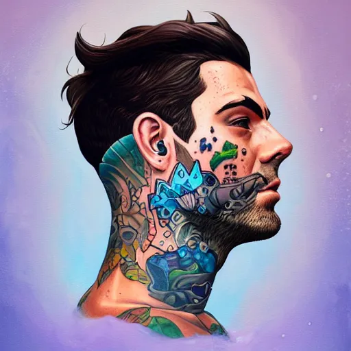 Image similar to a profile photo of a man with underwater helmet with tattoos on arm and neck, side profile in underwater, highly detailed, digital painting, artstation, illustration by Sandra Chevrier