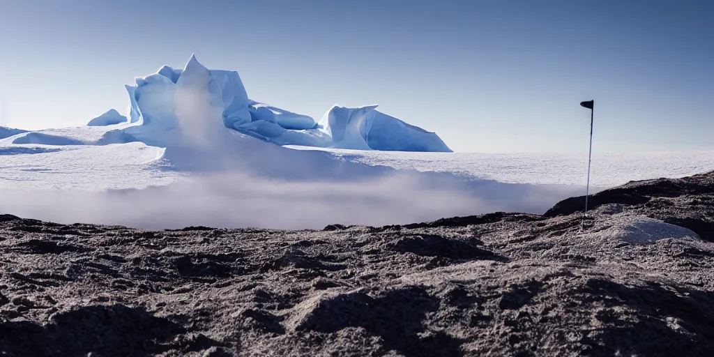 Prompt: a great photograph of the most amazing golf hole in the world, perfect light, antarctica on the most beautiful day, on top of an iceberg, ambient light, 5 0 mm, golf digest, top 1 0 0, fog