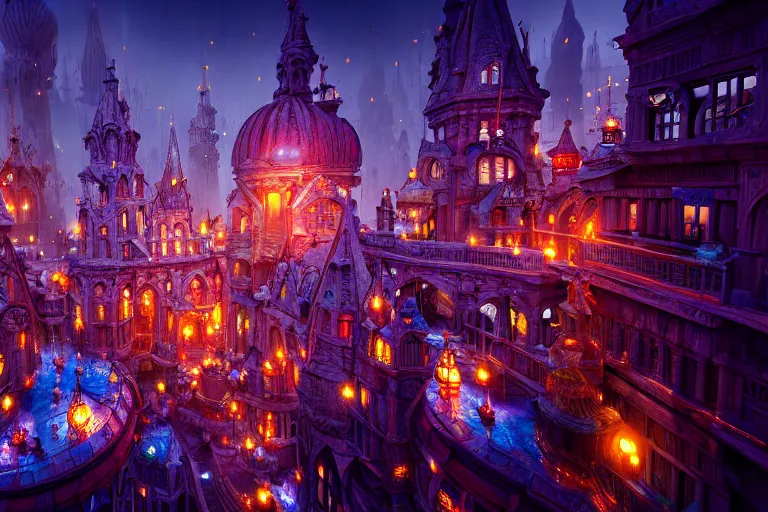 Image similar to inside a magical wonderland city, highly detailed, 8 k, hdr, award - winning, octane render, trending on artstation, volumetric lighting