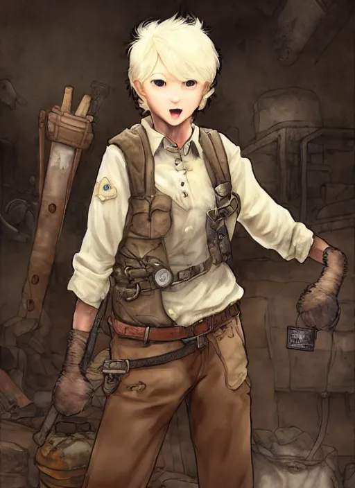 Image similar to character portrait of a (((anthro albino mountain lion))) wearing miner's clothes at the mines. hidari, color page, tankoban, 4K, tone mapping, Akihiko Yoshida.