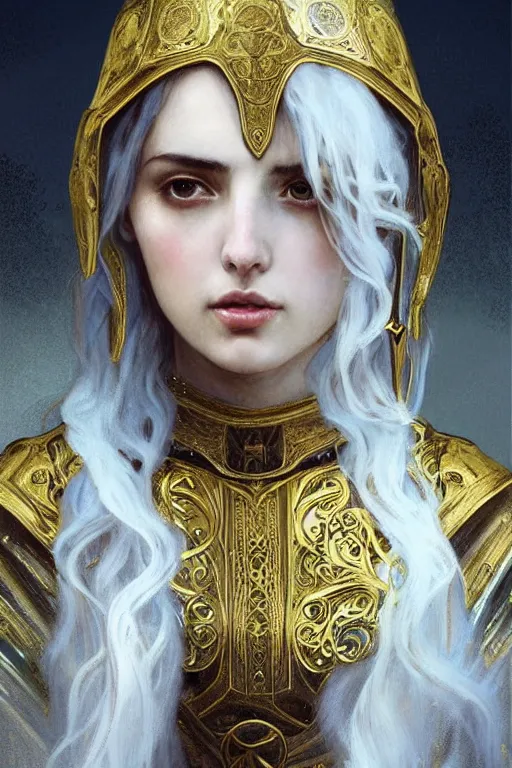 Prompt: ana de armas beautiful and victorian and holy and divine and elite young medieval female white armor knight portrait +shiny eyes+front face with long flowing hair, white hair, ultradetail face, gold filigree, art and illustration by tian zi and craig mullins and WLOP and alphonse mucha, fantasy, sci-fi, intricate complexity, human structure, human anatomy, fantasy character concept, watermark, blurry, hyperrealism 8k, warm golden backlit