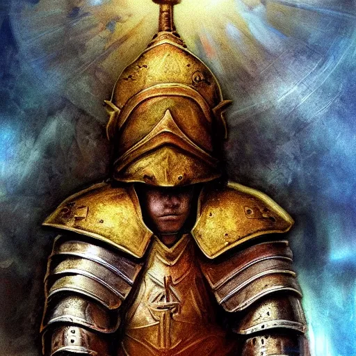 Image similar to a divine warrior wearing heavy armor praying at an altar, artstation hall of fame gallery, editors choice, #1 digital painting of all time, most beautiful image ever created, emotionally evocative, greatest art ever made, lifetime achievement magnum opus masterpiece, the most amazing breathtaking image with the deepest message ever painted, a thing of beauty beyond imagination or words