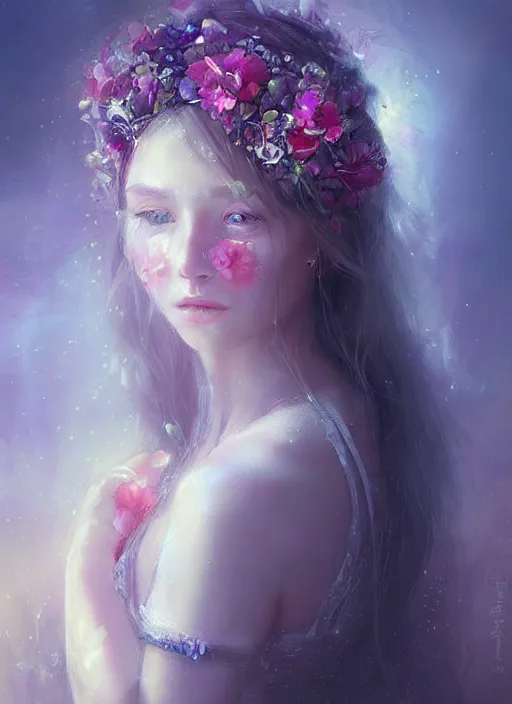 Image similar to a gorgeous flower princess portrait by WLOP, digital painting, beautiful lighting, mystical, detailed flowers, 🌺 cgsociety