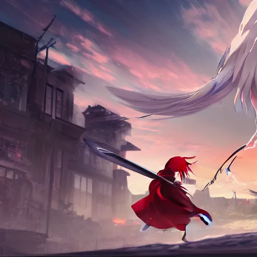 Image similar to advanced digital anime art, white haired girl with a red hooded cloak holding a 5 feet scythe fighting the Grimm reaper in a ruined city, filmic lighting , by Makoto Shinkai.