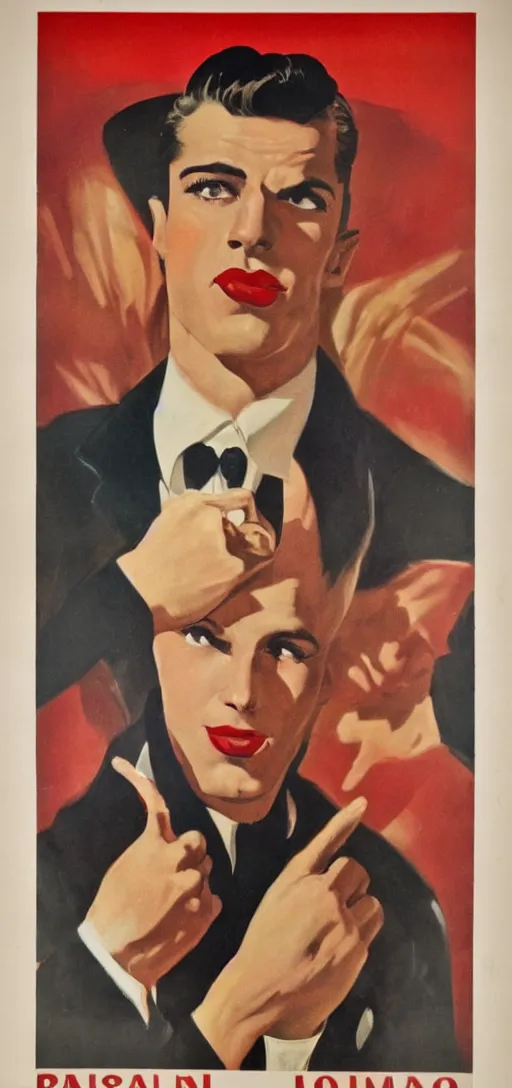 Prompt: portrait of a glamorous man with upset gesture, 1940s propaganda poster, full hd,highly detailed