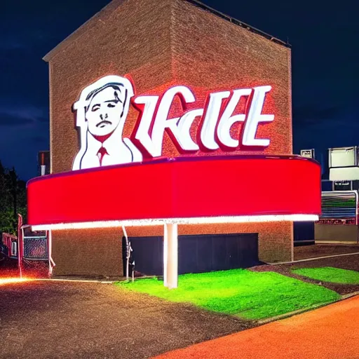 Prompt: a photo of a landscape with many lit up KFC bucket signs on sticks sticking out of it