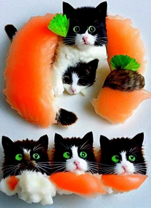 Image similar to clear photorealistic picture of adorable cats made out of sushi