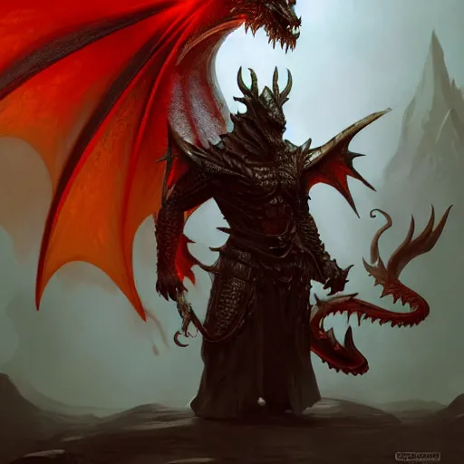 Image similar to full figure dragon, frontal view, skyrim, got, luminous scene, by greg rutkowski and alphonse mucha, d & d monster, gradient yellow to red, in hell, highly detailed, digital painting, artstation, concept art, smooth, sharp focus illustration, artstation hq