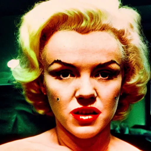 Image similar to 7 0 s film still from a horror movie of marilyn monroe suffering from radiation induced moist desquamation, kodachrome, cinecolor, cinestill, film grain, film texture, retro, cinematic, high resolution, photorealism - w 8 2 0