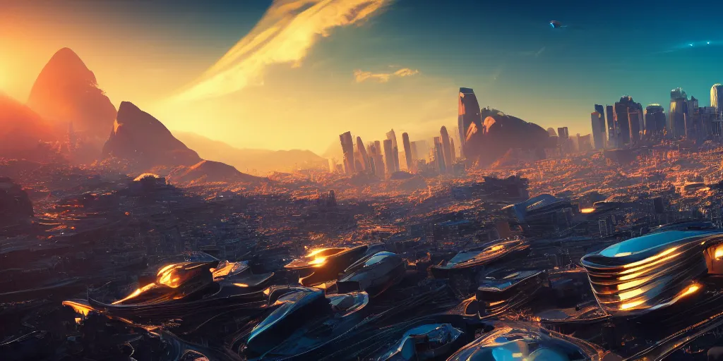 Prompt: futuristic chrome city, sunset glowing off a mountain in background, busy waves, ray tracing, refractive, planet in the sky, award winning, trending on artstation, digital art. highly detailed 8 k. intricate. lifelike. soft light. nikon d 8 5 0.