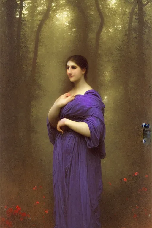 Image similar to moody painting of purple morning glory flowers vining and growing in a forest dimly lit at night. foggy volumetric darkness, muted colour palette oil painting on canvas william - adolphe bouguereau