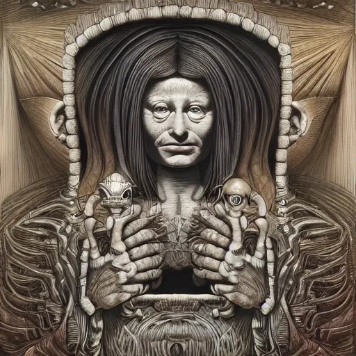 Image similar to monalisa by jacek yerka, alex gray, zdzisław beksiński, dariusz zawadzki, jeffrey smith and h.r. giger, oil on canvas, 8k highly professionally detailed, trending on artstation