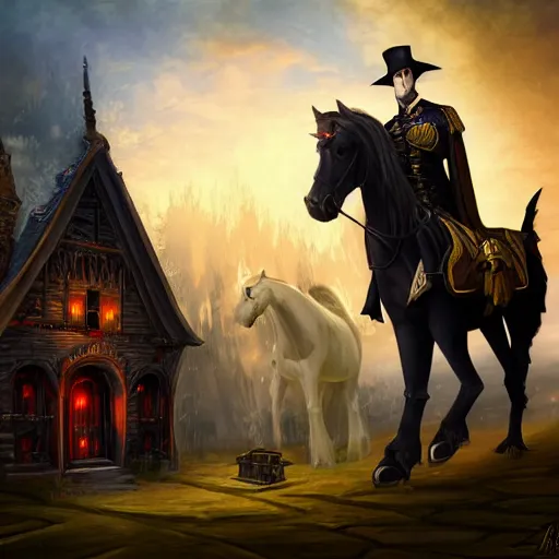 Prompt: Strahd Van Zarovich standing beside flamming horse, digital art