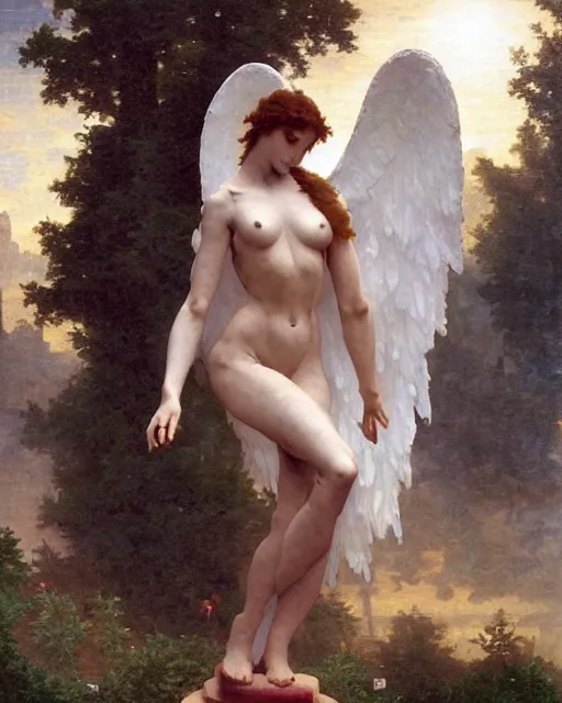 Image similar to graceful angel with solarpunk mecha humanoid robotic parts with bright led lights, pudica pose gesture, by bouguereau, ultra - realistic and intricate, hdr 8 k