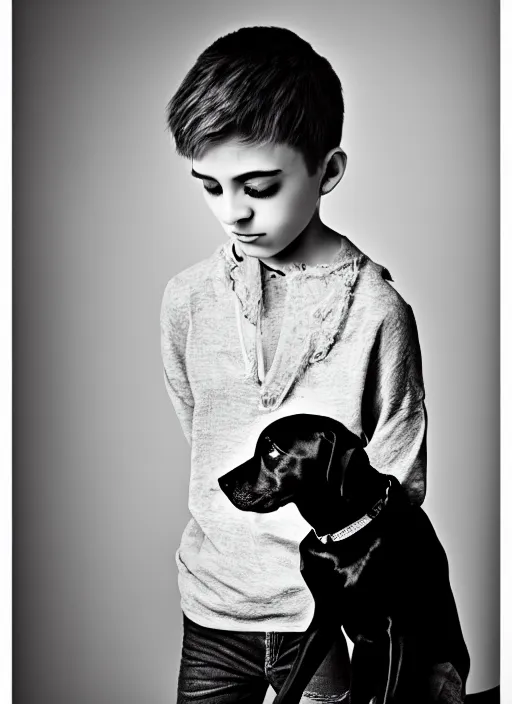 Prompt: emotiona fashion portrait photography of a young fragile and beautifull boy with a dog by julia hetta