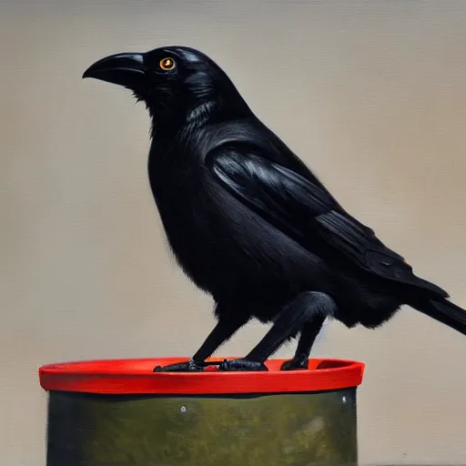 Prompt: closeup of a crow on an oil barrel, oil paint, extremely detailed