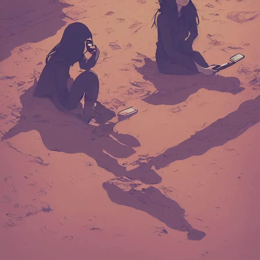 Image similar to very detailed, prophet graphic novel, ilya kuvshinov, mcbess, rutkowski, simon roy, illustration of a girl sitting alone on the surface of mars while staring at her phone, wide shot, colorful, deep shadows, astrophotography, award winning