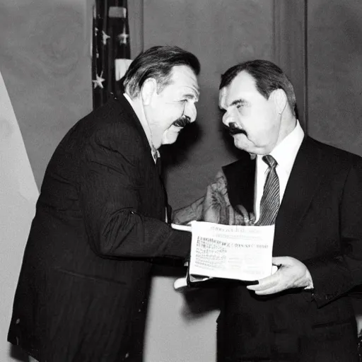 Image similar to Tom the Box meeting Lech Wałęsa, real men, real politics, hyper detailed, hyper realistic, newspaper photography