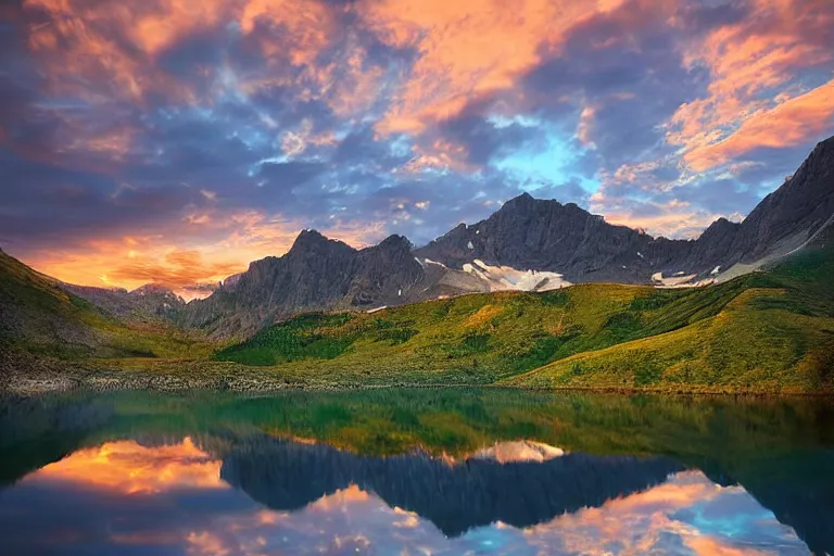 Image similar to amazing landscape photo of mountains with lake in sunset by marc adamus dramatic lighting, Gediminas Pranckevicius