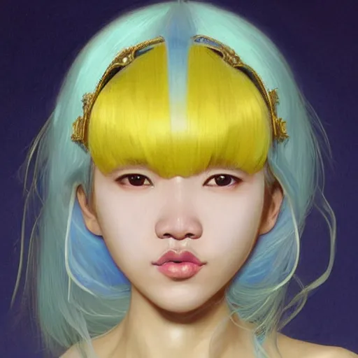 Image similar to filipino girl blue - yellow hair, metal plate, nasal strip, nose cast, intricate, elegant, highly detailed, my rendition, digital painting, artstation, concept art, smooth, sharp focus, illustration, art by artgerm and greg rutkowski and alphonse mucha and uang guangjian and gil elvgren and sachin teng, symmetry!!