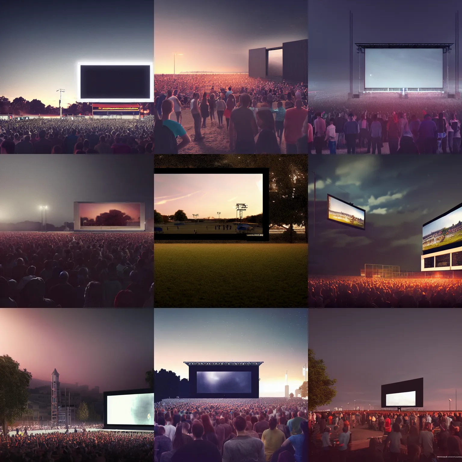 Prompt: digital concept art of a very small!!! dark open air show venue with a large bright screen in front of twenty people, dusk, grey, realistic, octane render, high detail, environment, sharp focus, artstation