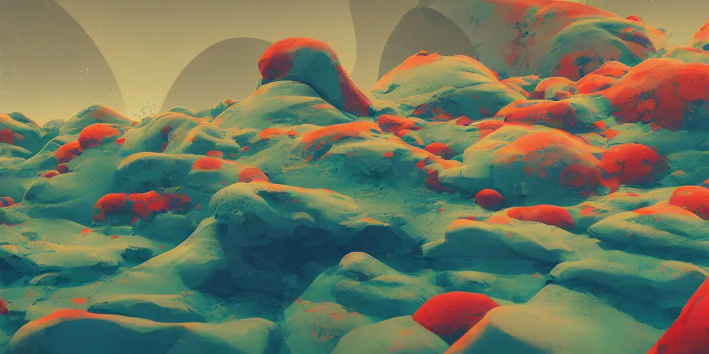 Image similar to abstract 3d landscape painting at noon by james jean and painted in no mans sky style, redshift, octane