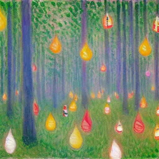 Image similar to painting of raccoon parade through a forest at night with colorful paper lanterns in the style of Claude Monet