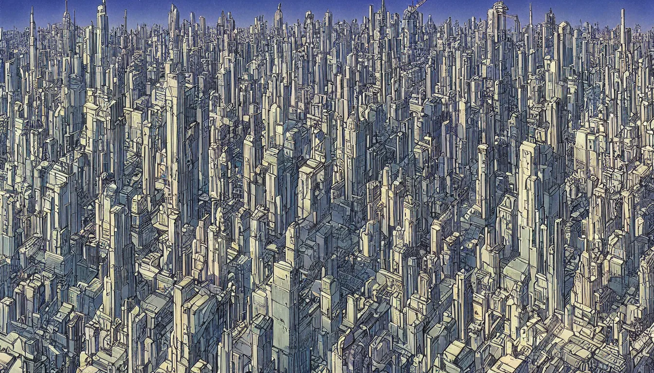 Image similar to futuristic city by moebius