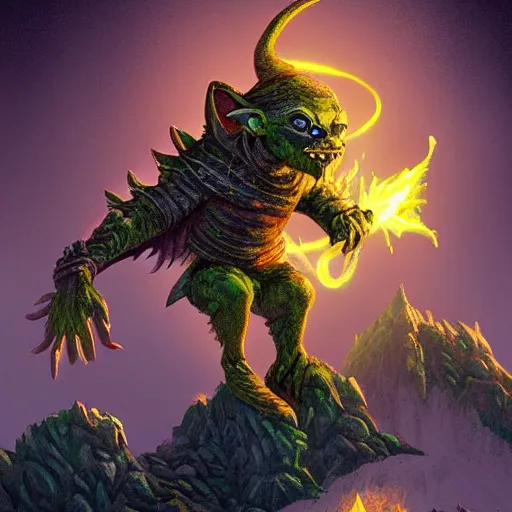 Image similar to a highly detailed goblin with dark skin and yellow eyes that glow, Like magic the gathering, goblin chainwalker, with a volcano in the background, digital art, by Christopher rush