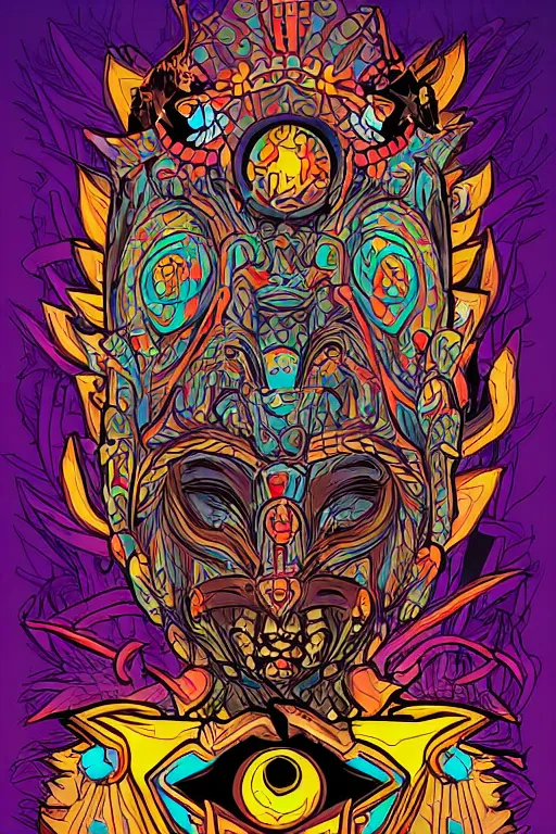 Image similar to animal mask totem roots flower tribal feather gemstone plant wood rock shaman vodoo video game vector cutout illustration vivid multicolor borderlands comics by josan gonzales and dan mumford radiating a glowing aura