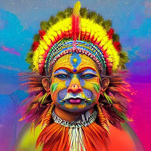 Image similar to photo of 8k ultra realistic Indian deity mouth filled with multi color crayons, clear sky, full of colour, cinematic lighting, battered, trending on artstation, 4k, hyperrealistic, focused, extreme details,unreal engine 5, cinematic, masterpiece, art by John Berkey