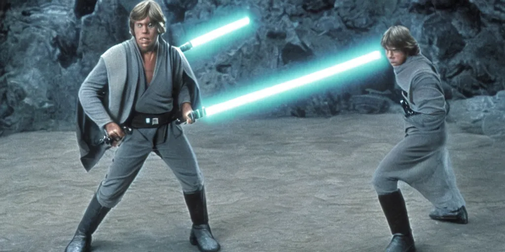 Image similar to Luke Skywalker Return of the jedi played by Mark Hamill 1983, standing alone, full body shot, motion blur, sequel trilogy 80s, green lightsaber, heroic pose, ultra realistic, 4K, movie still, UHD, sharp, detailed, cinematic, render, modern