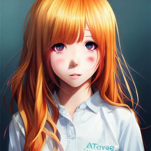 Prompt: An anime portrait of a beautiful happy child girl with straight strawberry-blonde hair, brown eyes, wearing a shirt, closed-mouth smile, by Stanley Artgerm Lau, WLOP, Rossdraws, James Jean, Andrei Riabovitchev, Marc Simonetti, and Sakimi chan, trending on artstation