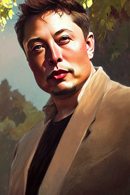 Image similar to male cottagecore elon musk portrait, intricate, swagger, highly detailed, digital painting, artstation, concept art, smooth, sharp, focus, illustration, art by artgerm and greg rutkowski and alphonse mucha