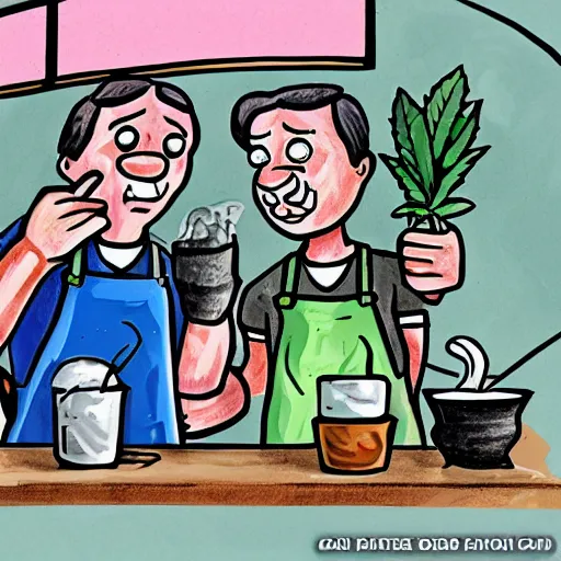 Image similar to cartoon fun drawing of australian cannabis baristas