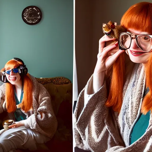 Image similar to a stunning hyper-detailed closeup portrait photo of a beautiful smiling retro-bespectacled woman with long ginger hair and bangs, wearing a luxurious robe, wearing steampunk headphones and posing with her handsome ginger tabby cat and raccoons and parrots in an overstuffed easy chair in her sunlit victorian living room, holding a coffee cup and a donut and smoking an elaborate hookah, perfect eyes, octane render, unreal engine, 85 mm lens,